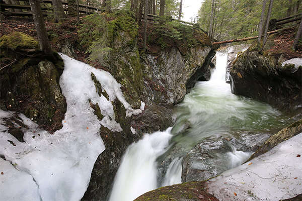 Texas Falls cascading through rocky gorges right off Middlebury Gap